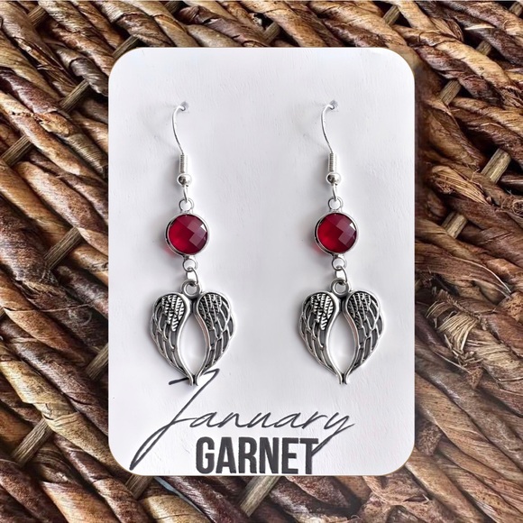New Silver-Tone Wings & Imitation Garnet (January Birthstone) Earrings (Ver 4) - Picture 2 of 8